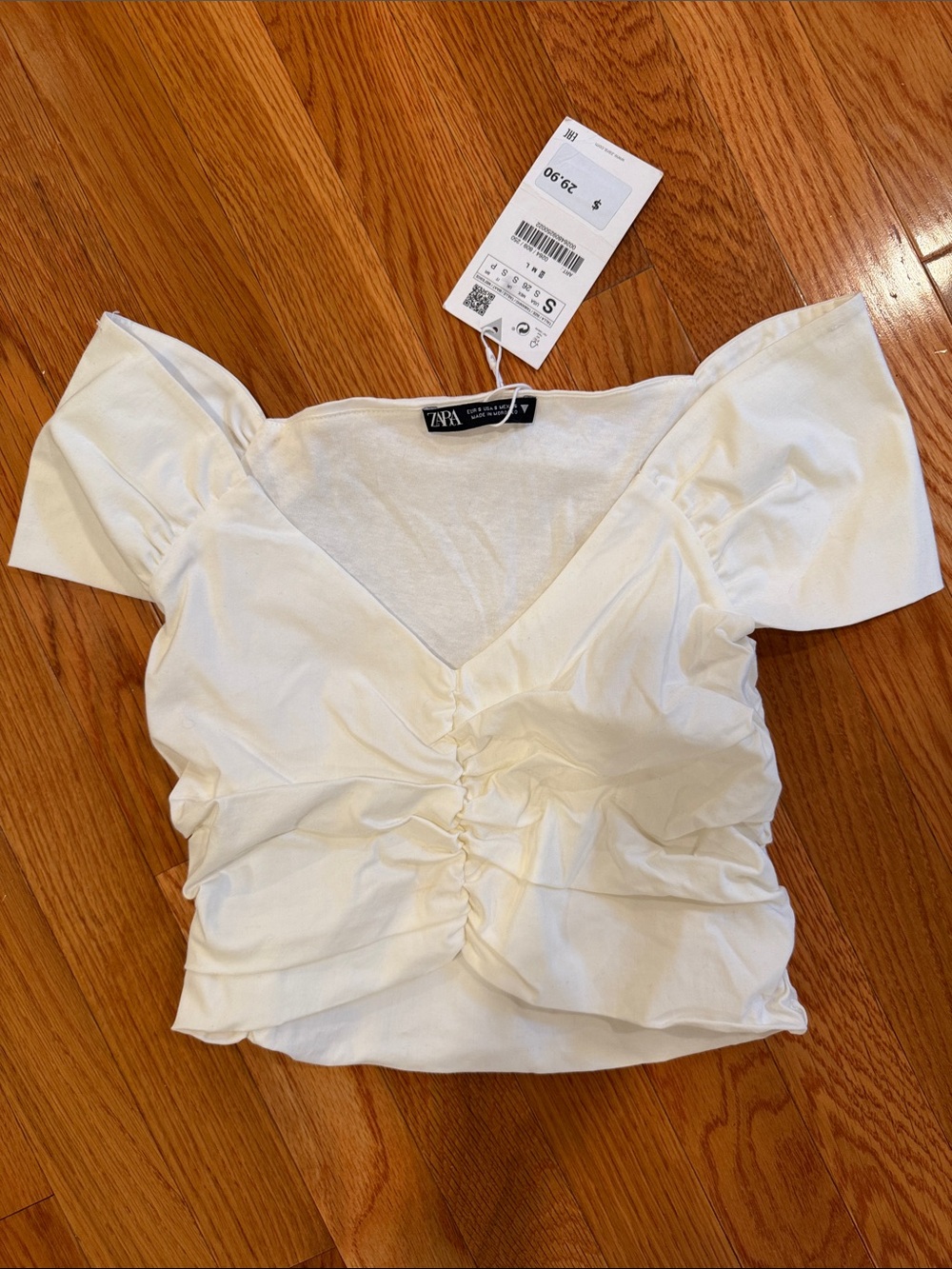 Zara White Ruched V-Neck crop top